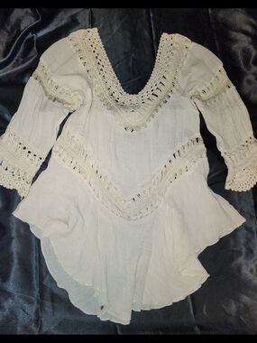 Boho Ivory Crochet Peasant Tunic Top